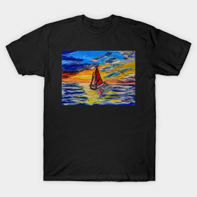 landscape painting of a boat out sailing at sunset T-Shirt by kkartwork